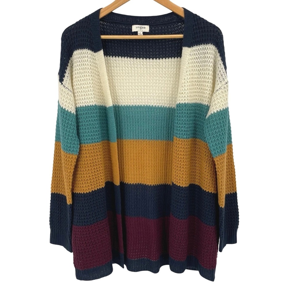 Umgee Size S Striped Waffle Knit Cardigan Sweater Multicolor Boho Oversized Cozy - Picture 2 of 5